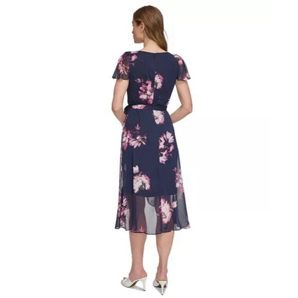 New DKNY Womens Size 8 Navy Floral Flutter-Sleeve Faux-Wrap Midi Dress $129 - Picture 2 of 12